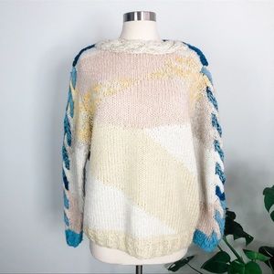 vintage graphic handmade blue & yellow knit abstract sweater